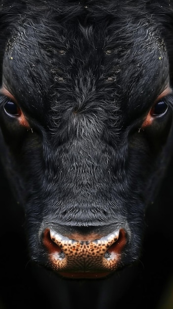 A close up of a black cows face with a red nose