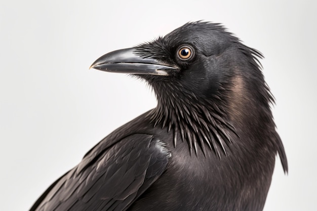 A close up of a black crow with a yellow eye.