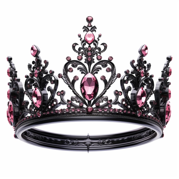 a close up of a black crown with pink crystals on it generative ai