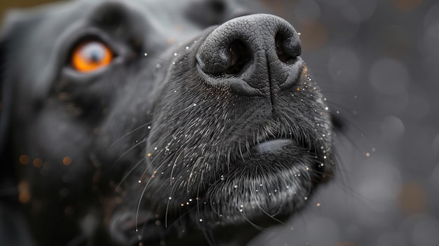 A close up of a black dog with orange eyes looking at something ai