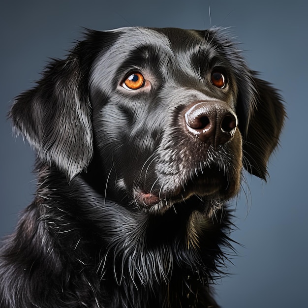 a close up of a black dog with orange eyes