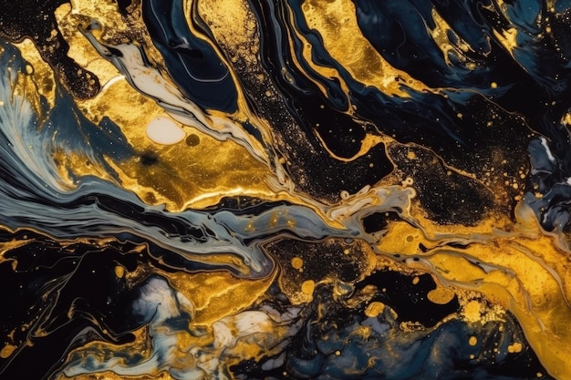 Close up of a black and gold abstract painting created with Generative AI technology