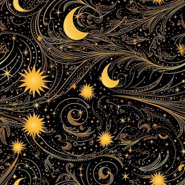 Photo a close up of a black and gold background with stars and swirls generative ai