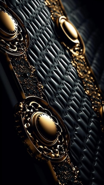 A close up of a black and gold bag with a gold pattern.