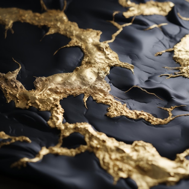 a close up of a black and gold fabric with gold paint on it