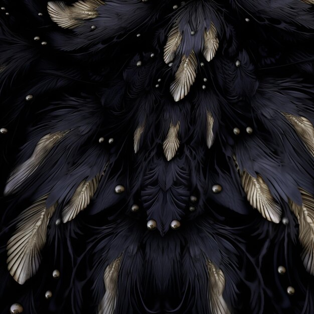 A close up of a black and gold feather with pearls generative ai