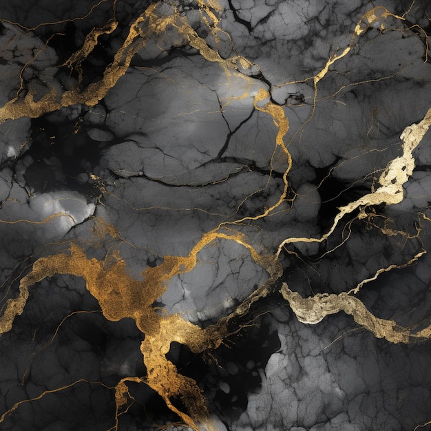 A close up of a black and gold marble with a black background generative ai