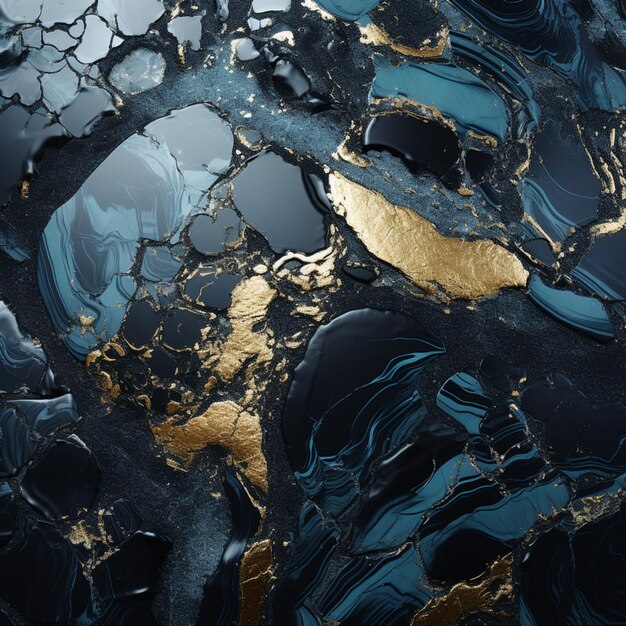 a close up of a black and gold marble with a gold leaf generative ai