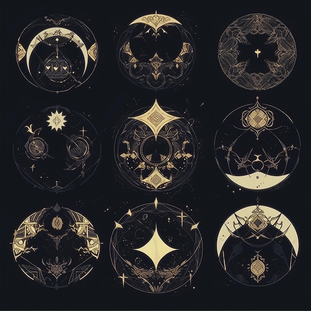 a close up of a black and gold poster with a lot of different designs generative ai