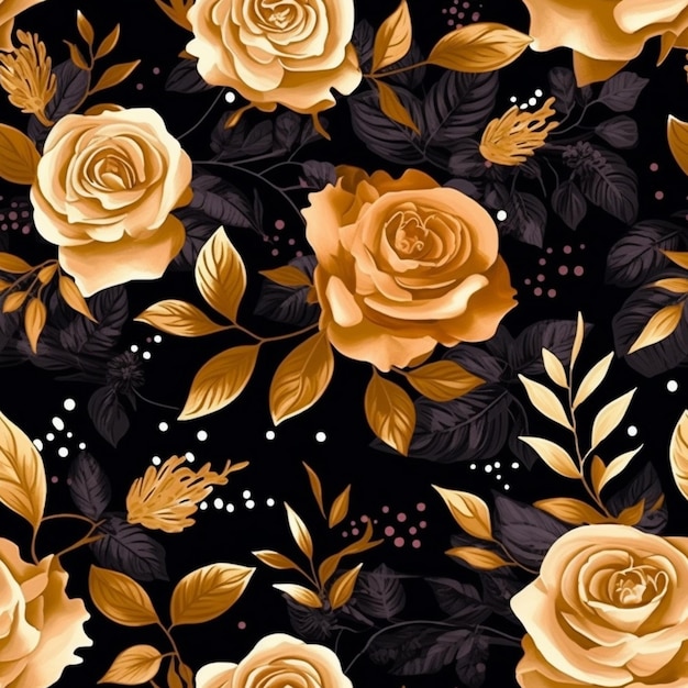 Крупный план черно-золотой розы с листьями, генеративными ai