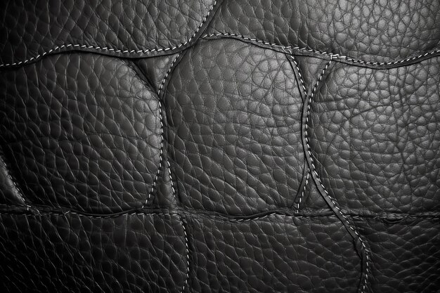 A close up of a black leather couch with stitching