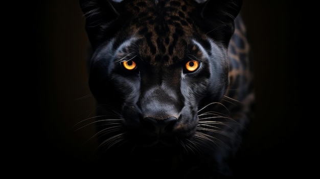 A close up of a black leopard with yellow eyes