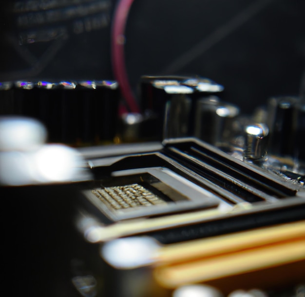 Close up of black mother computing board with computer elements