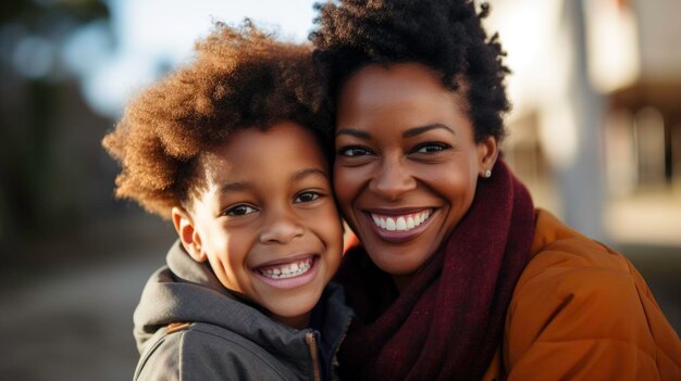 Close up of Black mother and son smiling