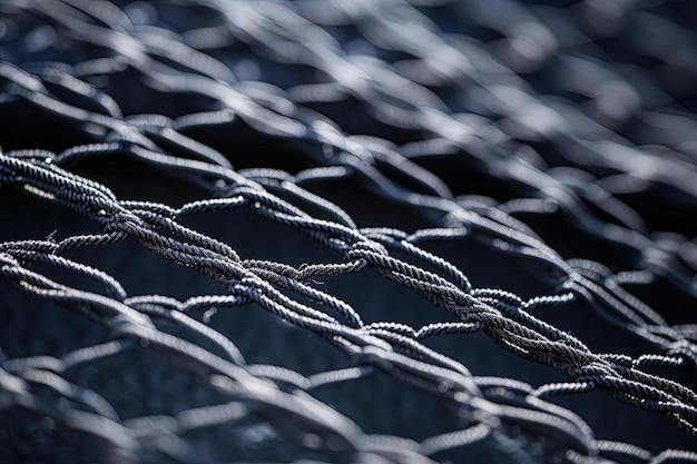 Close up of the black netting on a baseball field in the style of post processing