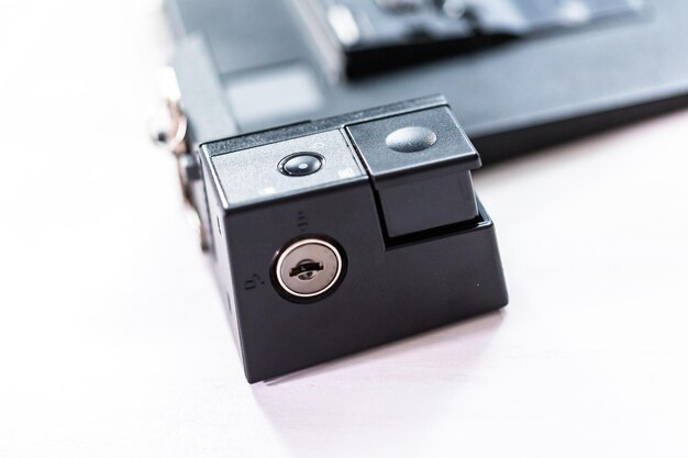 Close up of black notebook docking stations.