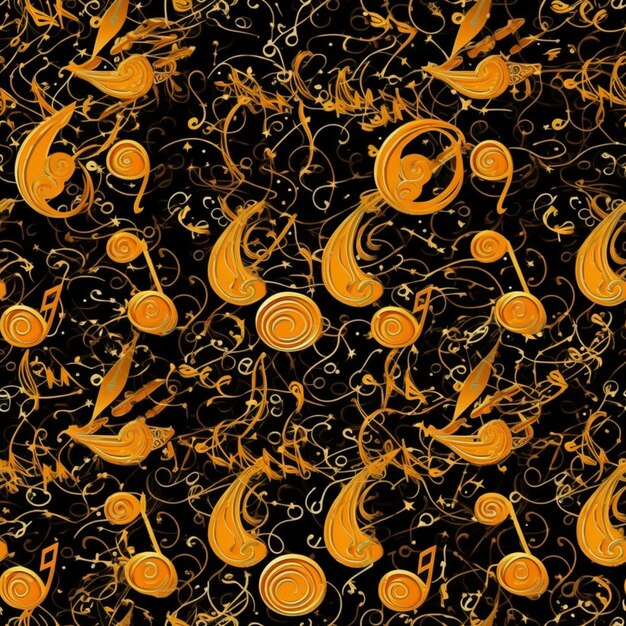 Photo a close up of a black and orange background with swirls and birds generative ai