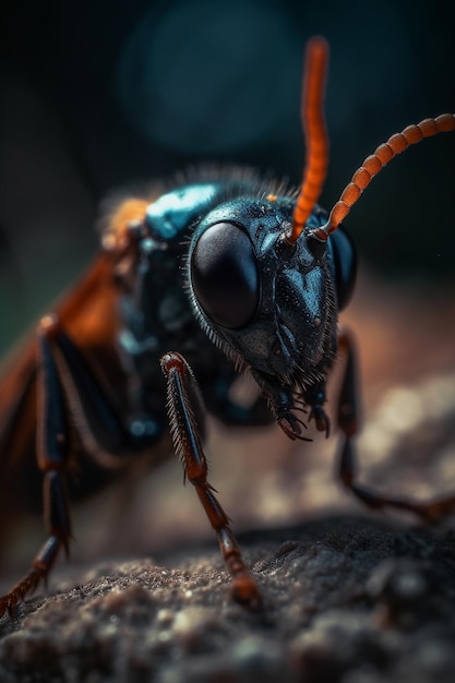 A close up of a black and orange insect