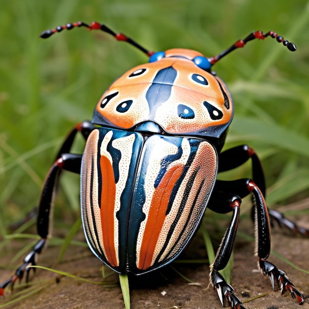 草の中の黒とオレンジのストライプの甲虫のクローズアップ