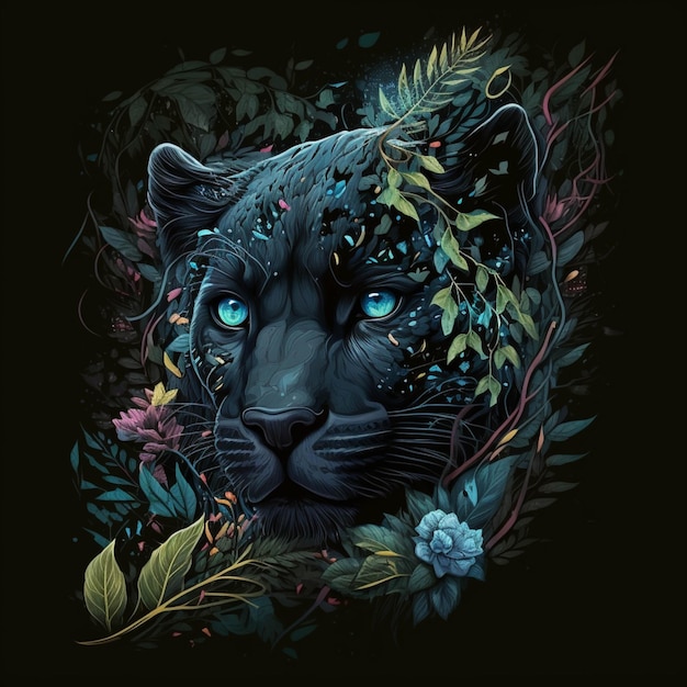 A close up of a black panther with blue eyes surrounded by flowers generative ai