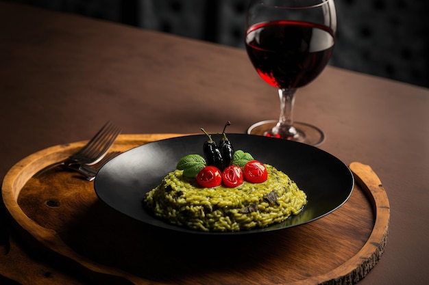 Close up of a black platter of cherry tomatoes basil and pesto risotto restaurant serving risotto