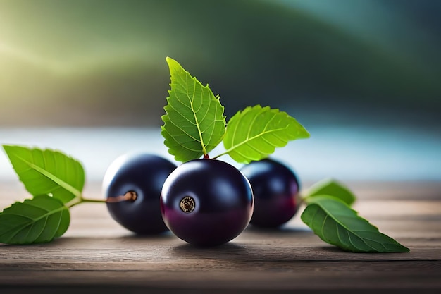 A close up of black plums on a wooden table with green leaves