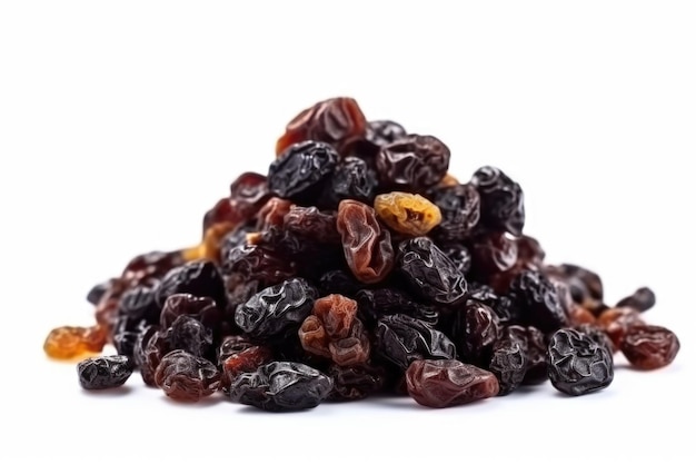 Close up of black raisins isolated on white background