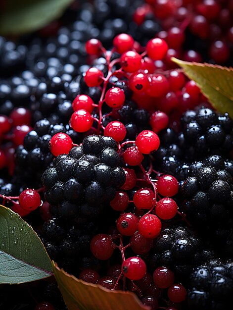 a close up of black and red berries with leaves and leaves