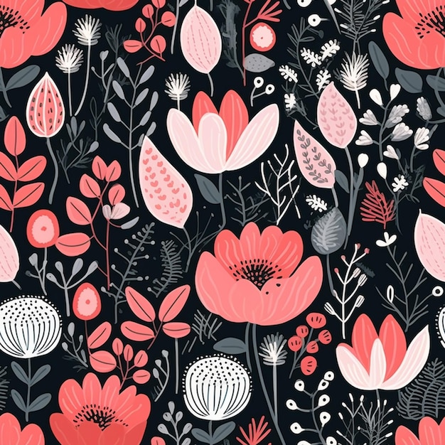 A close up of a black and red floral pattern with lots of flowers generative ai
