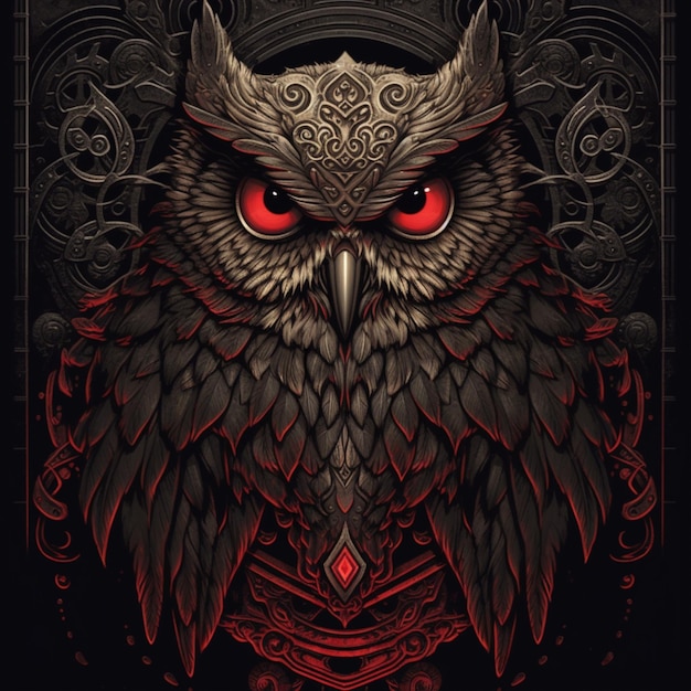 a close up of a black and red owl with red eyes generative ai