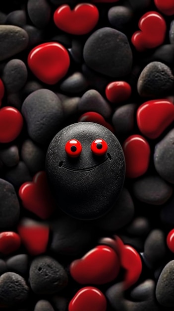 A close up of a black rock with red eyes surrounded by black rocks generative ai