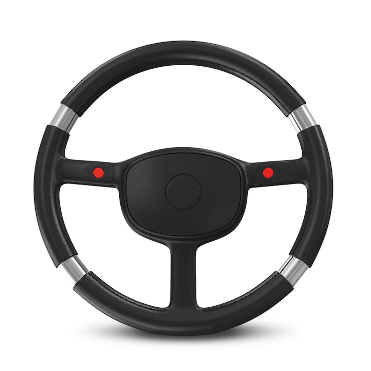 Photo close up on black steering wheel isolated