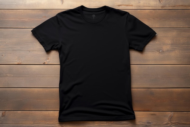 Photo a close up of a black t shirt on a wooden surface generative ai