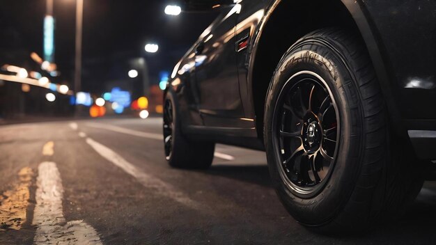 A close up of a black tire with a black background