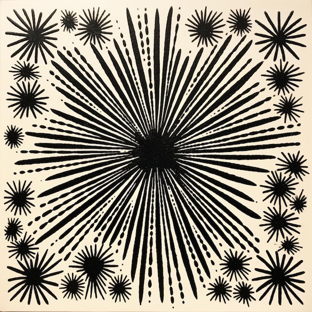 a close up of a black and white drawing of a star burst generative ai