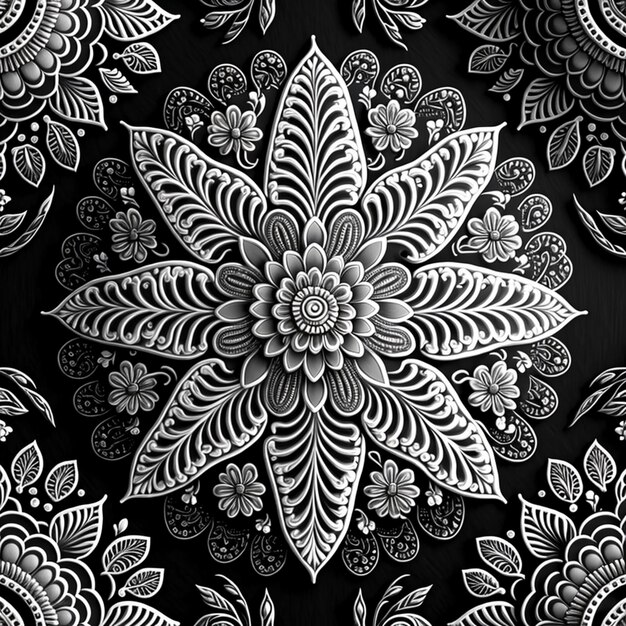 Близкий взгляд на черно-белый цветочный дизайн на черном фоне