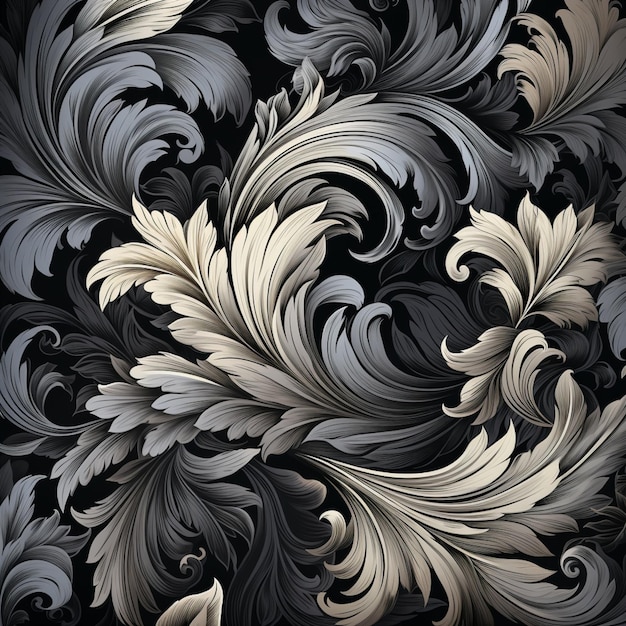 a close up of a black and white floral design with gold leaves generative ai