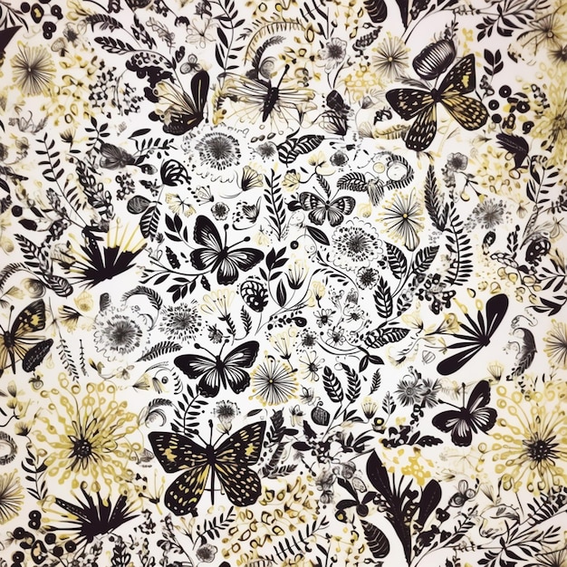 a close up of a black and white floral pattern with butterflies generative ai