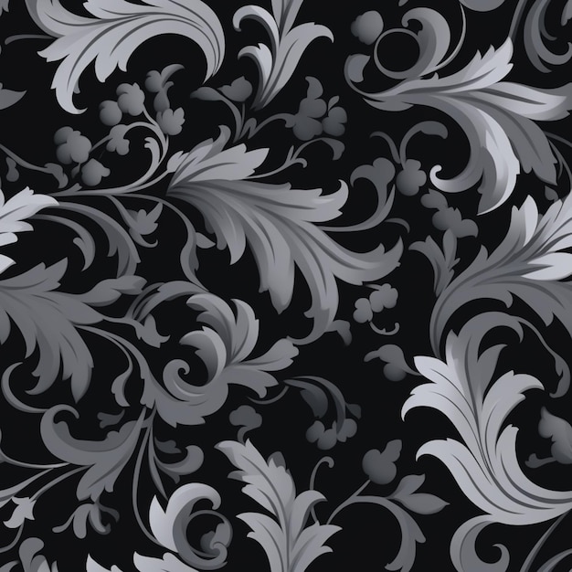 a close up of a black and white floral pattern with silver leaves generative ai