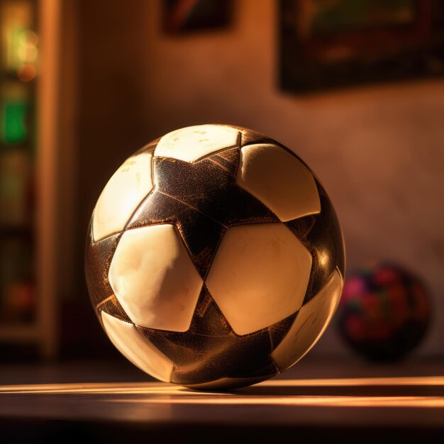 Close up of black and white football on wooden floor in room created using generative ai technology