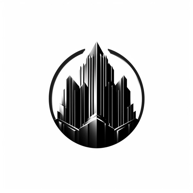 Photo a close up of a black and white logo with a city in the background generative ai