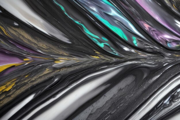 A close up of a black and white marble texture with a green and purple swirl.