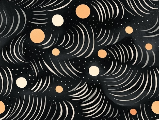 A close up of a black and white pattern with orange circles generative ai