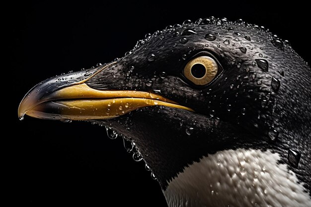a close up of a black and white penguin with water droplets on its beak