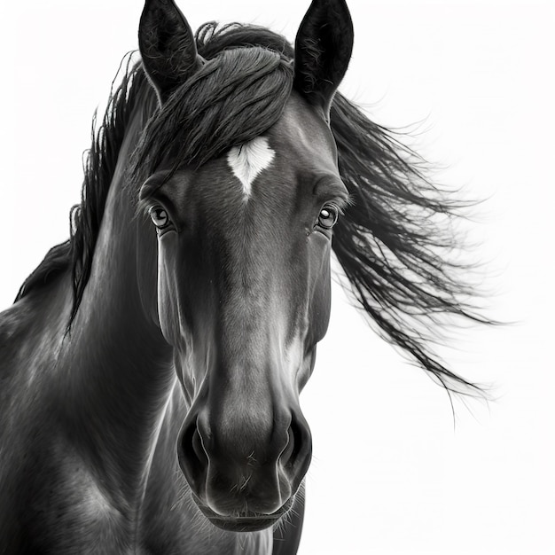 close up black and white photo of a black horse