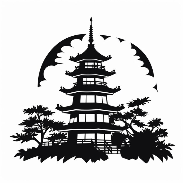 a close up of a black and white picture of a pagoda generative ai