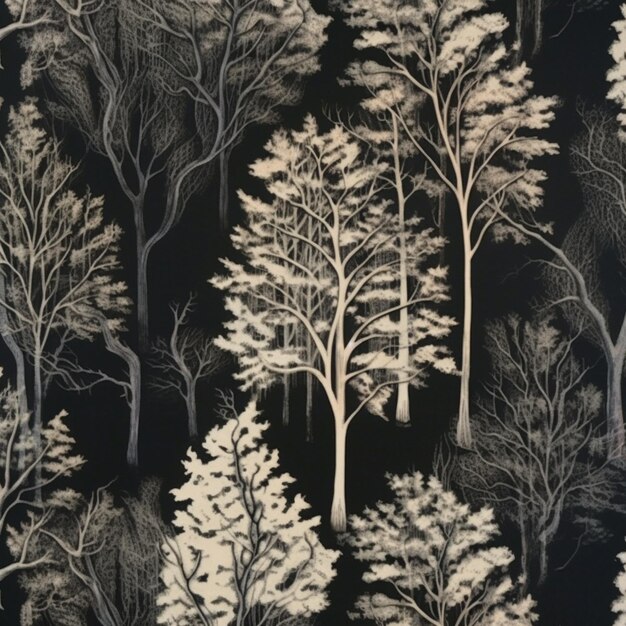 A close up of a black and white wallpaper with trees generative ai