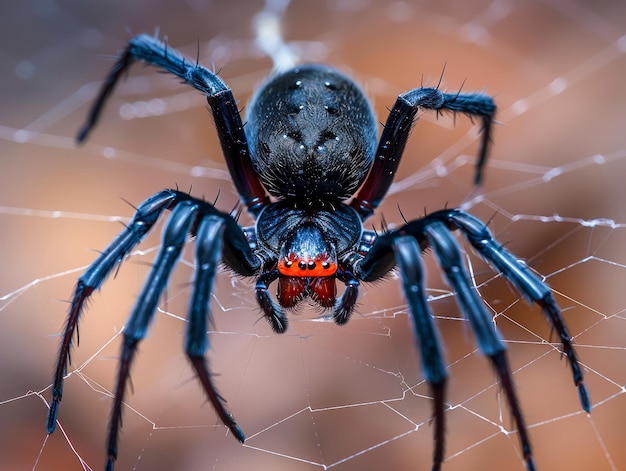 Close Up of a Black Widow Spider on a Web with Vivid Detail and Natural Background