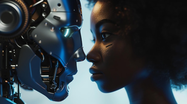 Close Up of a Black Woman and a Futuristic Robot Face to Face Advanced Artificial Intelligence