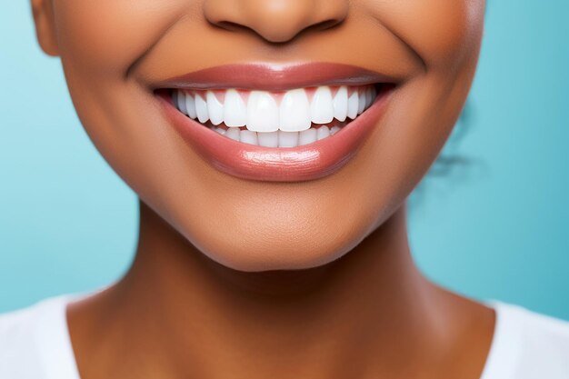 Close up of black woman perfect white theeth smile dentist clinic advertisement